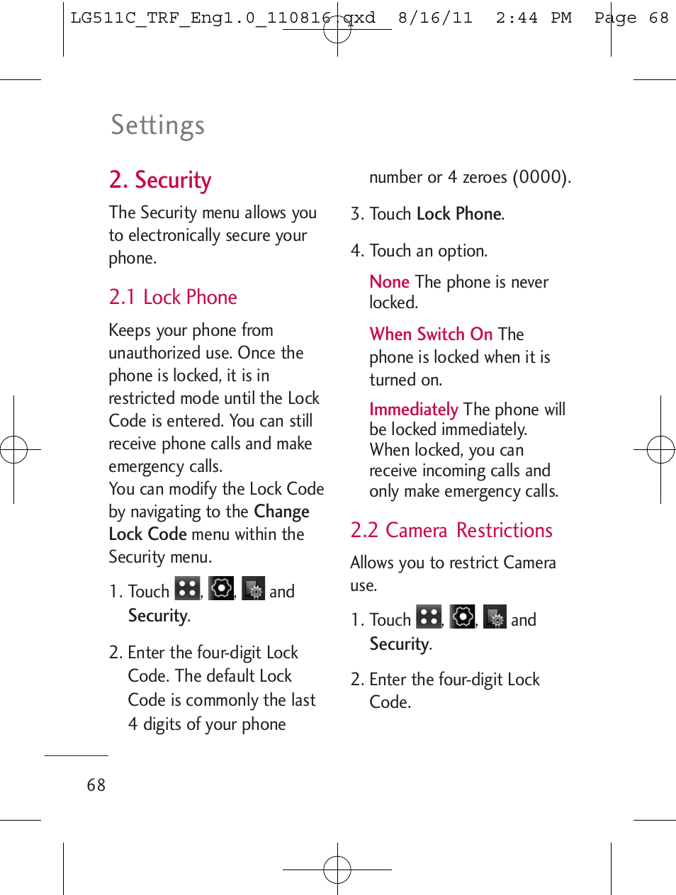 Settings, Security, 1 lock phone | 2 camera restrictions | LG LG511C User Manual | Page 70 / 240