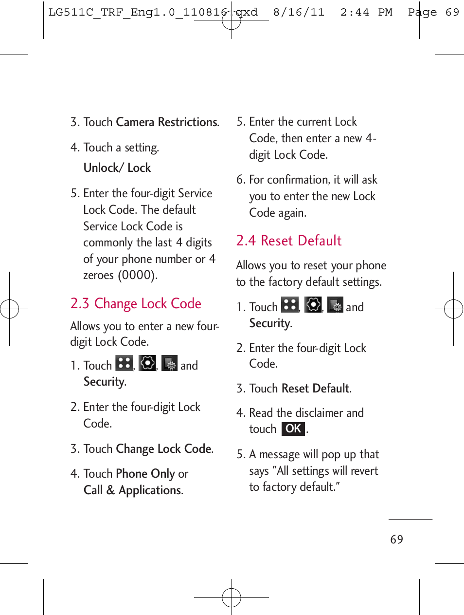 3 change lock code, 4 reset default | LG LG511C User Manual | Page 71 / 240