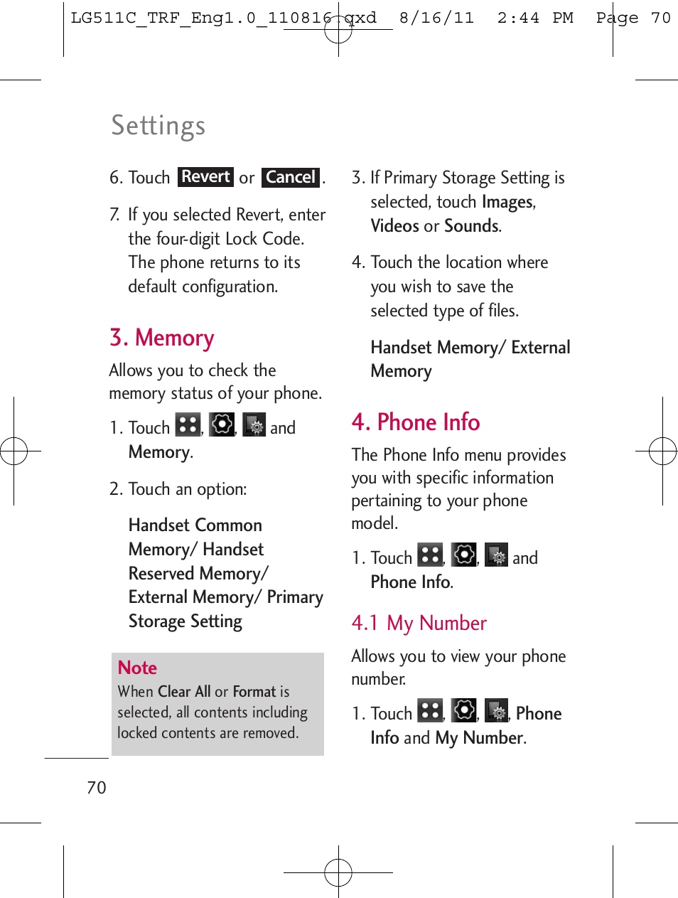Settings, Phone info, 1 my number | LG LG511C User Manual | Page 72 / 240