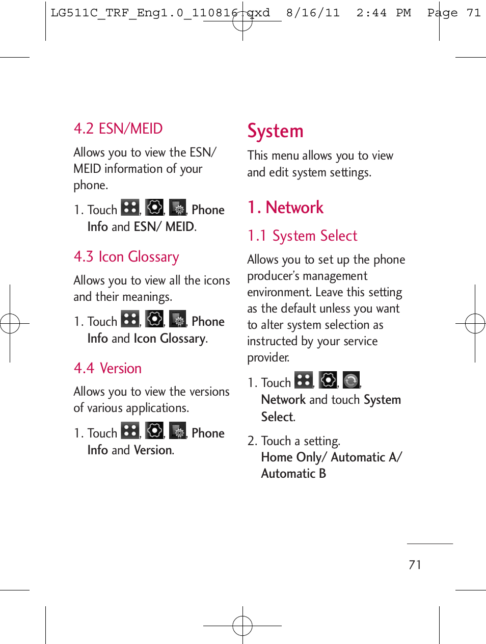 System, Network, 2 esn/meid | 3 icon glossary, 4 version, 1 system select | LG LG511C User Manual | Page 73 / 240