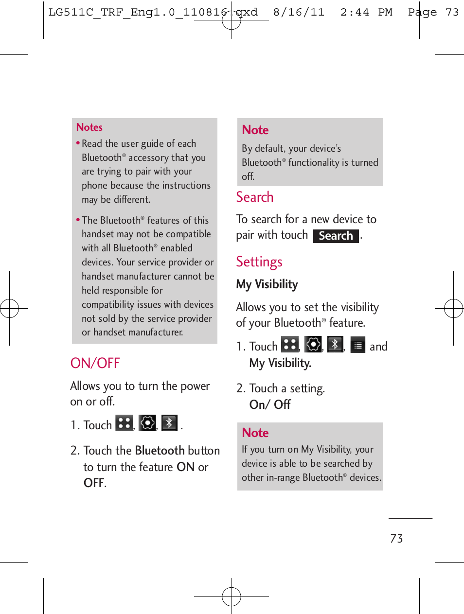 On/off, Search, Settings | Bluetooth, My visibility, On/ off | LG LG511C User Manual | Page 75 / 240
