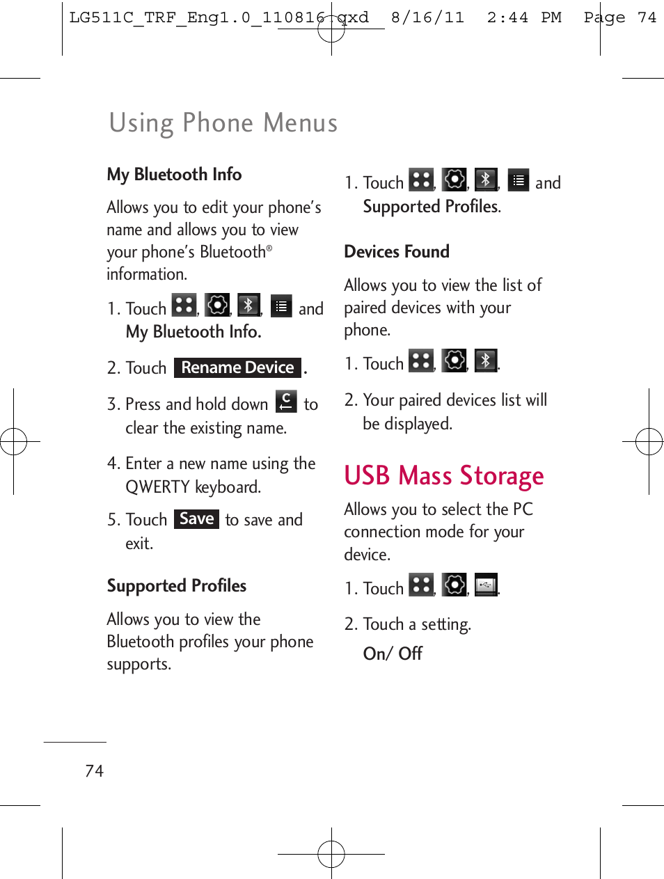 Usb mass storage, Using phone menus | LG LG511C User Manual | Page 76 / 240