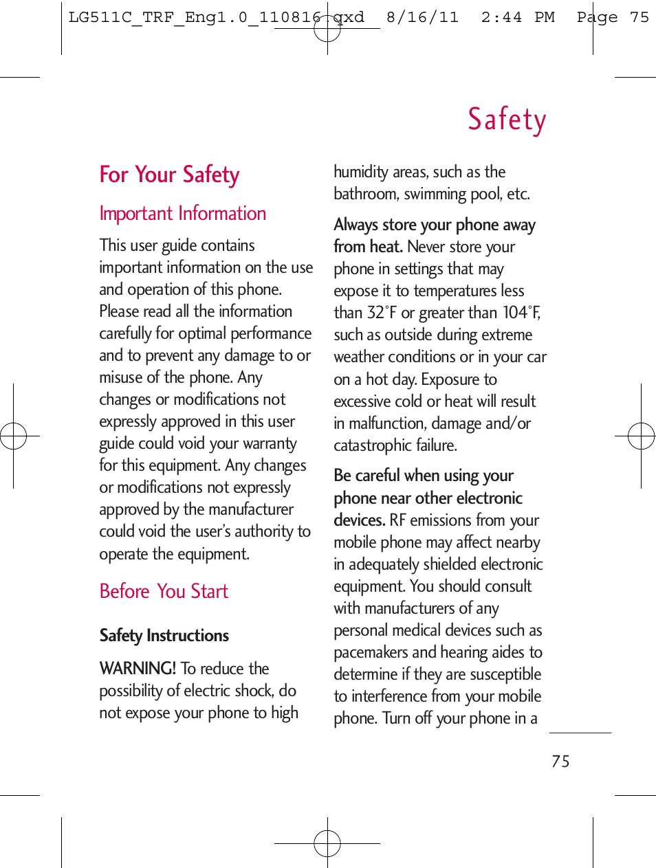 Safety, For your safety | LG LG511C User Manual | Page 77 / 240