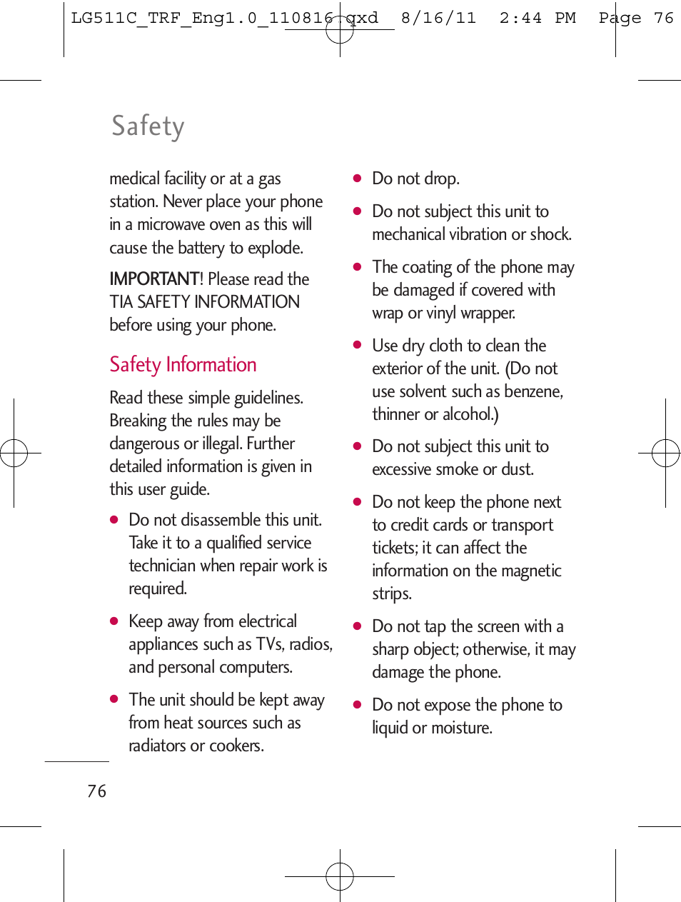 Safety, Safety information, Important | LG LG511C User Manual | Page 78 / 240