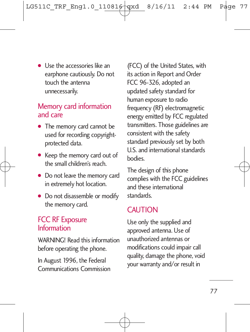 Fcc rf exposure information, Caution | LG LG511C User Manual | Page 79 / 240