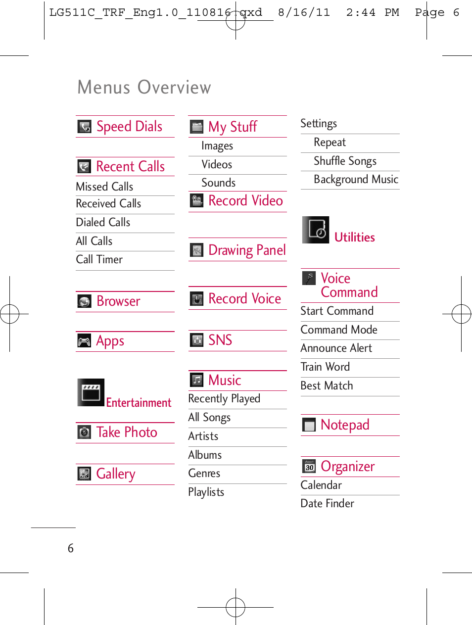 Menus overview | LG LG511C User Manual | Page 8 / 240