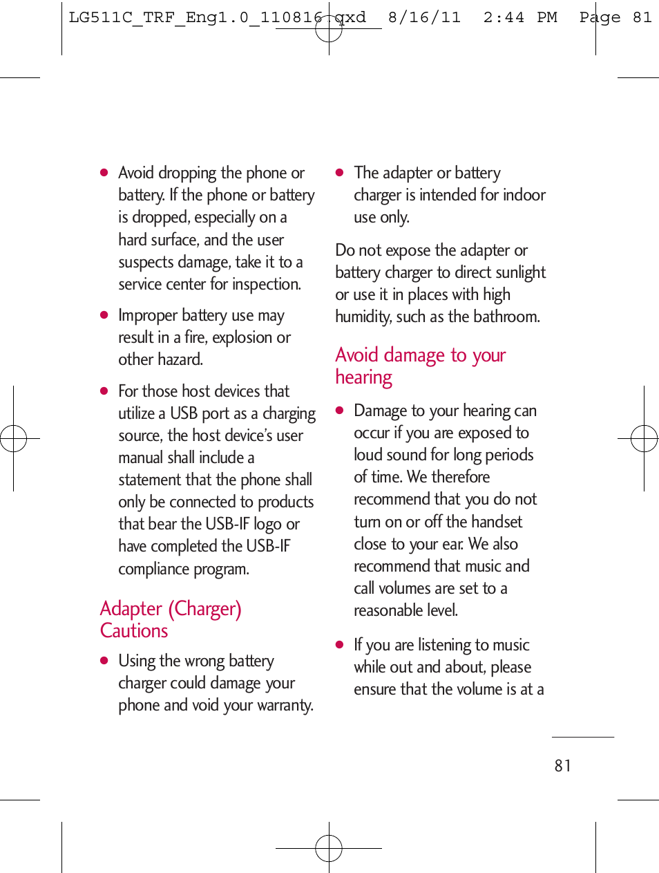 Adapter (charger) cautions, Avoid damage to your hearing | LG LG511C User Manual | Page 83 / 240