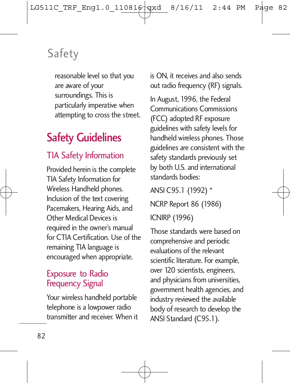 Safety, Safety guidelines | LG LG511C User Manual | Page 84 / 240