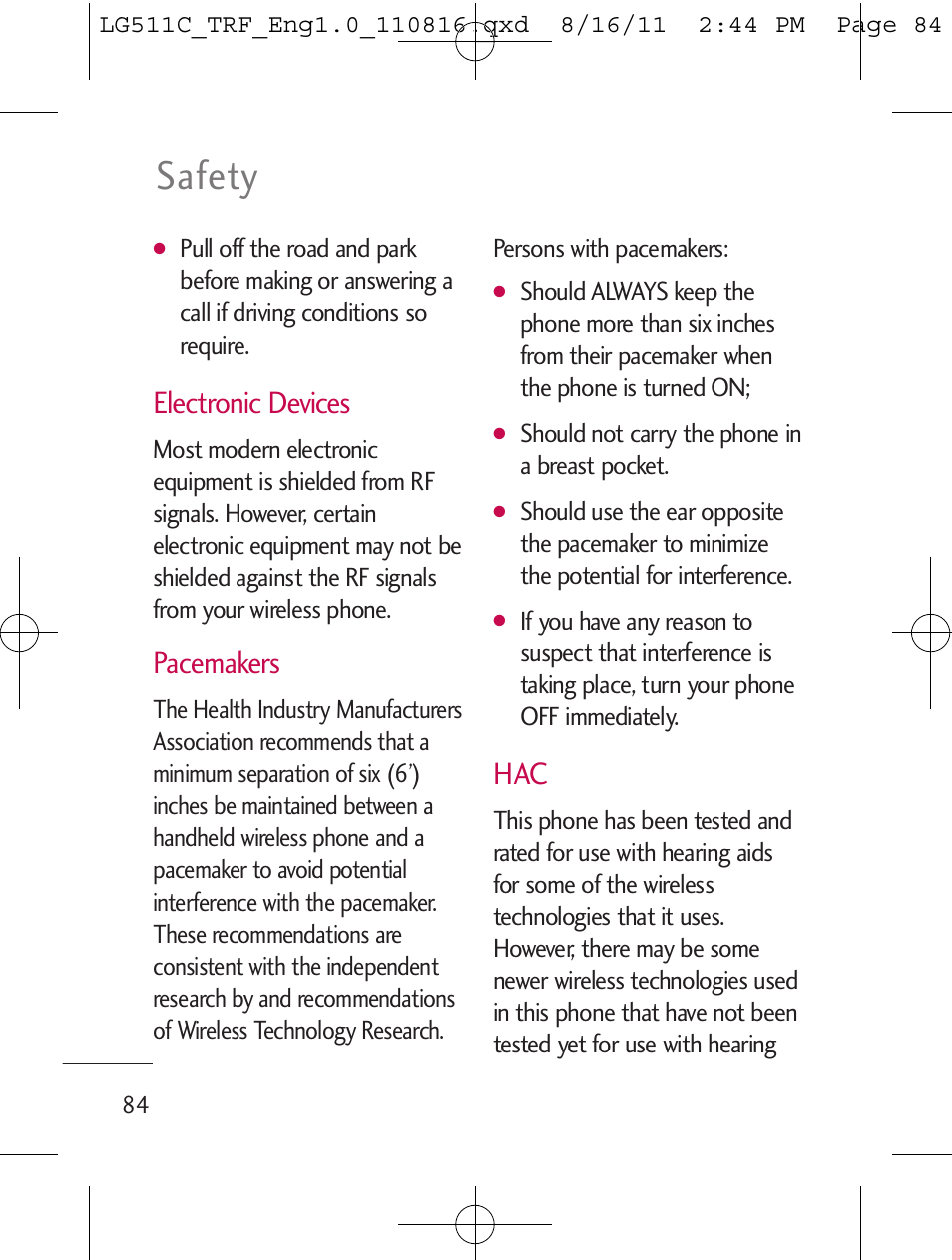 Safety, Electronic devices, Pacemakers | LG LG511C User Manual | Page 86 / 240