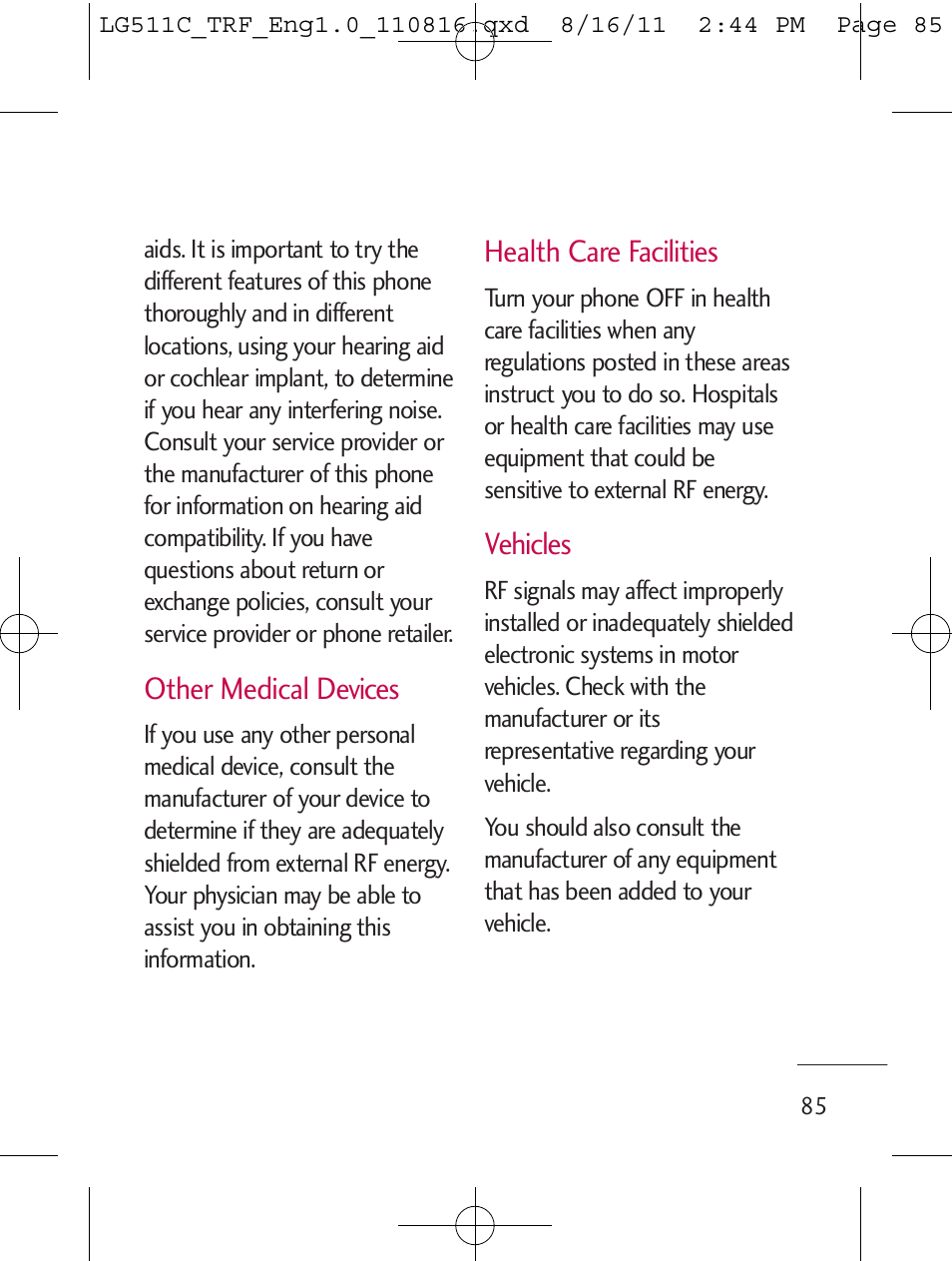 Other medical devices, Health care facilities, Vehicles | LG LG511C User Manual | Page 87 / 240