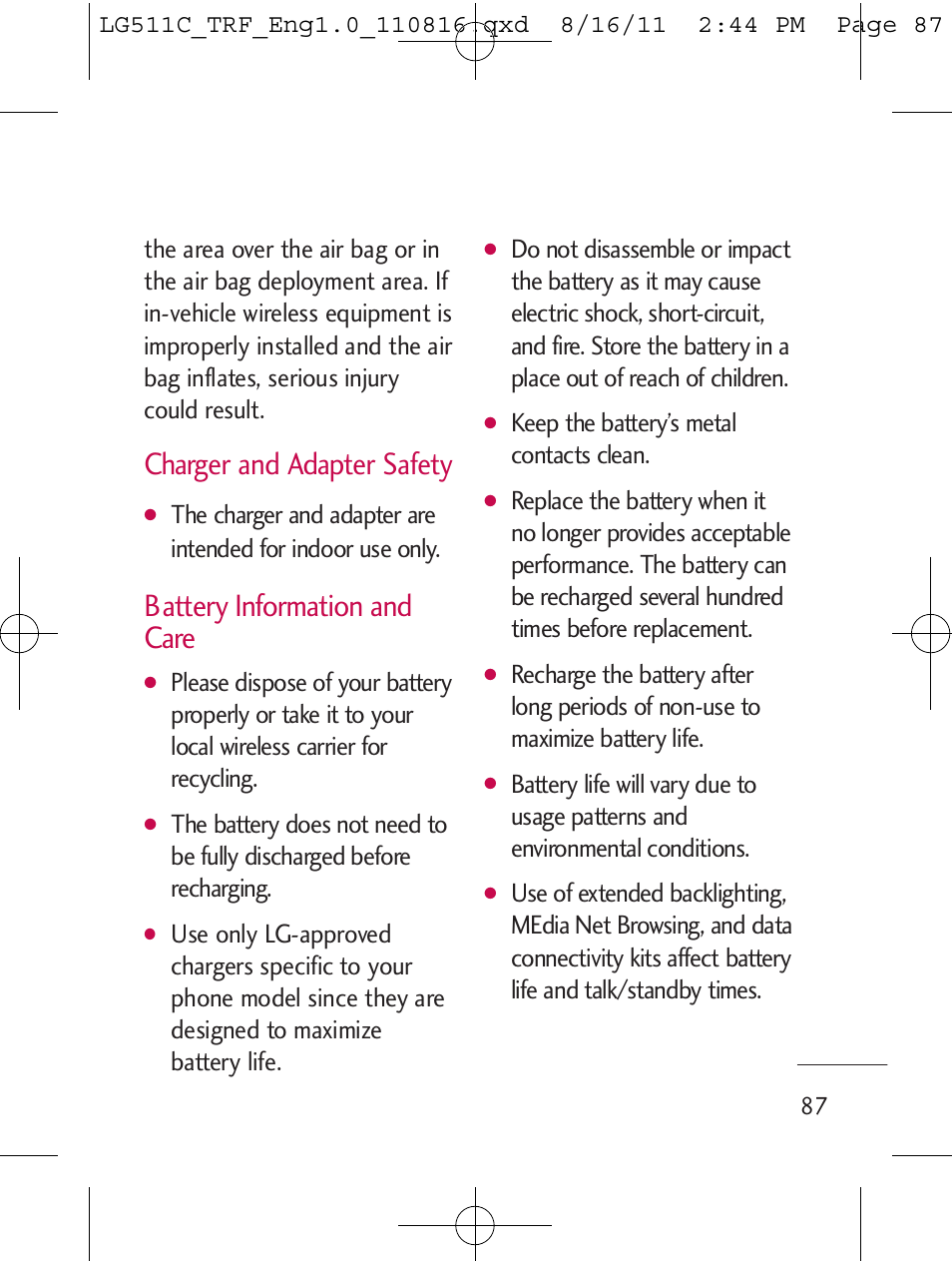 Charger and adapter safety, Battery information and care, Keep the battery’s metal contacts clean | LG LG511C User Manual | Page 89 / 240