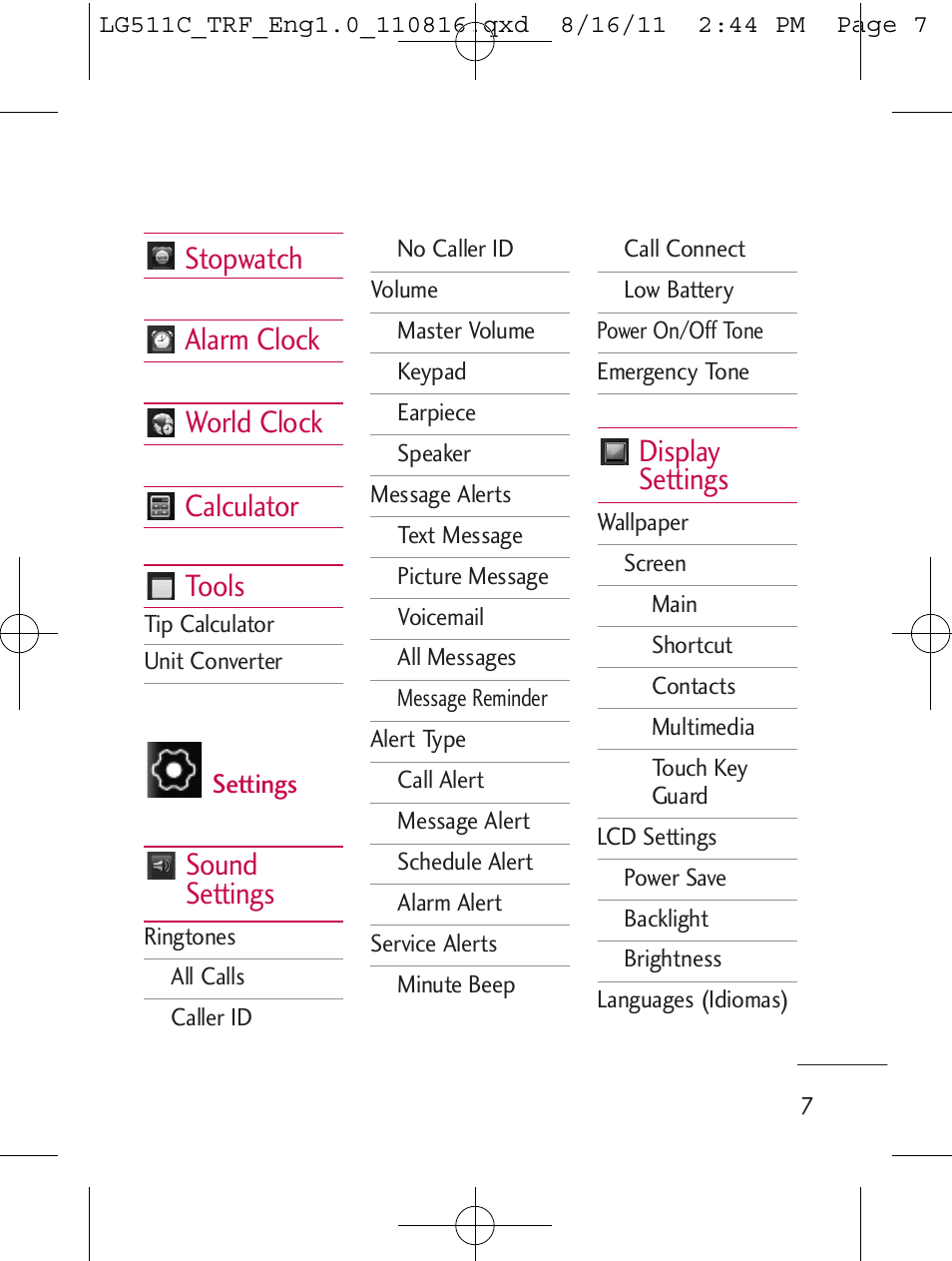 Stopwatch alarm clock world clock calculator tools, Sound settings, Display settings | LG LG511C User Manual | Page 9 / 240