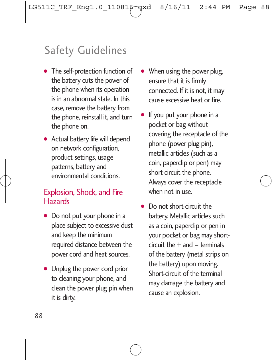 Safety guidelines, Explosion, shock, and fire hazards | LG LG511C User Manual | Page 90 / 240