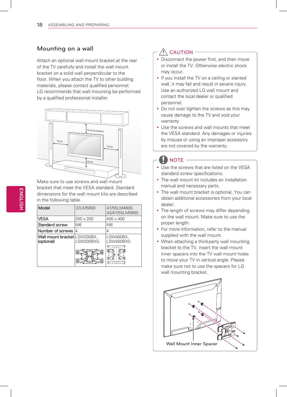 Mounting on a wall | LG 47LM5800 User Manual | Page 18 / 36