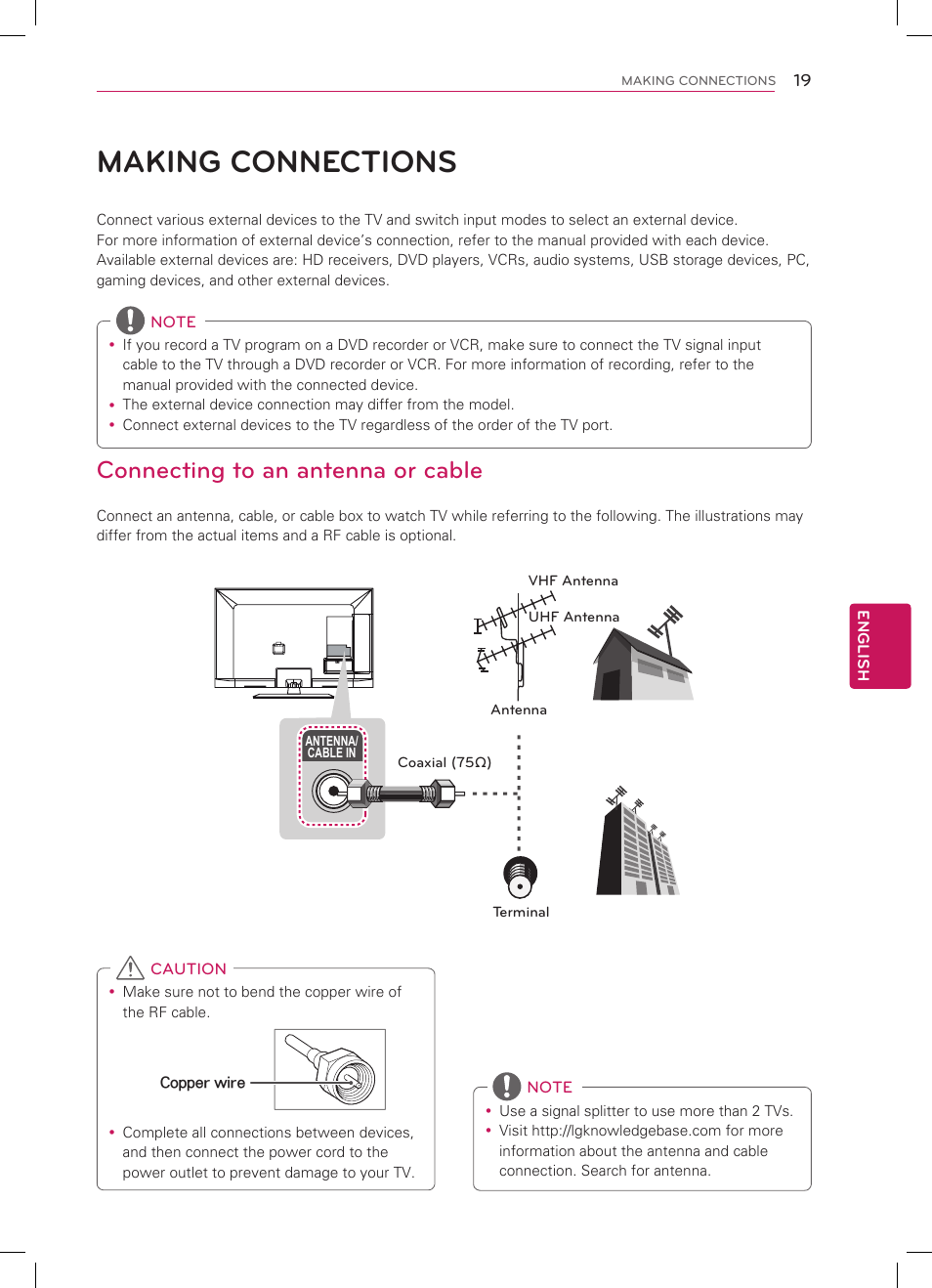 Making connections, Connecting to an antenna or cable | LG 47LM5800 User Manual | Page 19 / 36