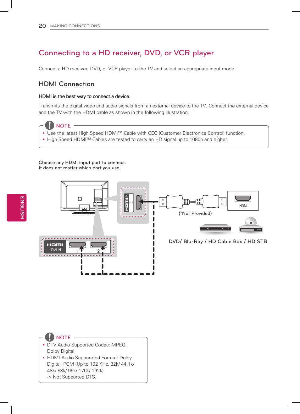 Connecting to a hd receiver, dvd, or vcr player, Hdmi connection | LG 47LM5800 User Manual | Page 20 / 36