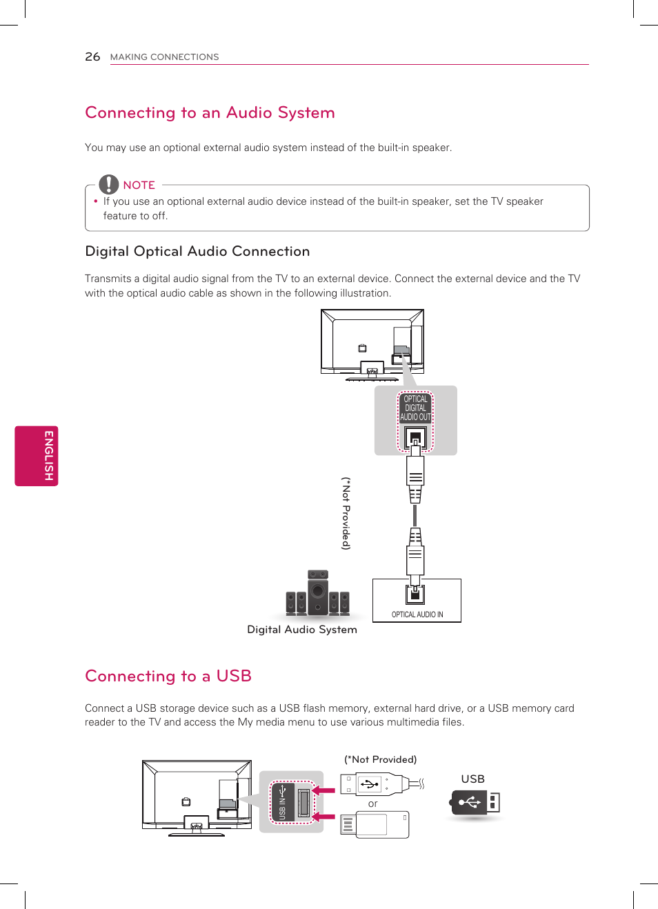 Connecting to an audio system, Connecting to a usb, Digital optical audio connection | LG 47LM5800 User Manual | Page 26 / 36