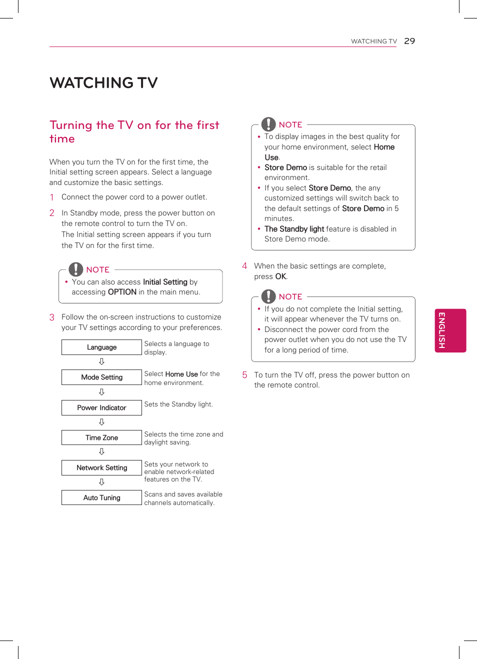 Watching tv, Turning the tv on for the first time | LG 47LM5800 User Manual | Page 29 / 36