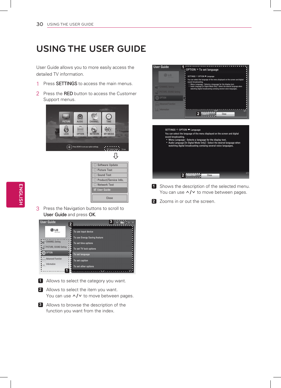 Using the user guide, English 30, Press settings to access the main menus | Allows to select the category you want, Zooms in or out the screen | LG 47LM5800 User Manual | Page 30 / 36