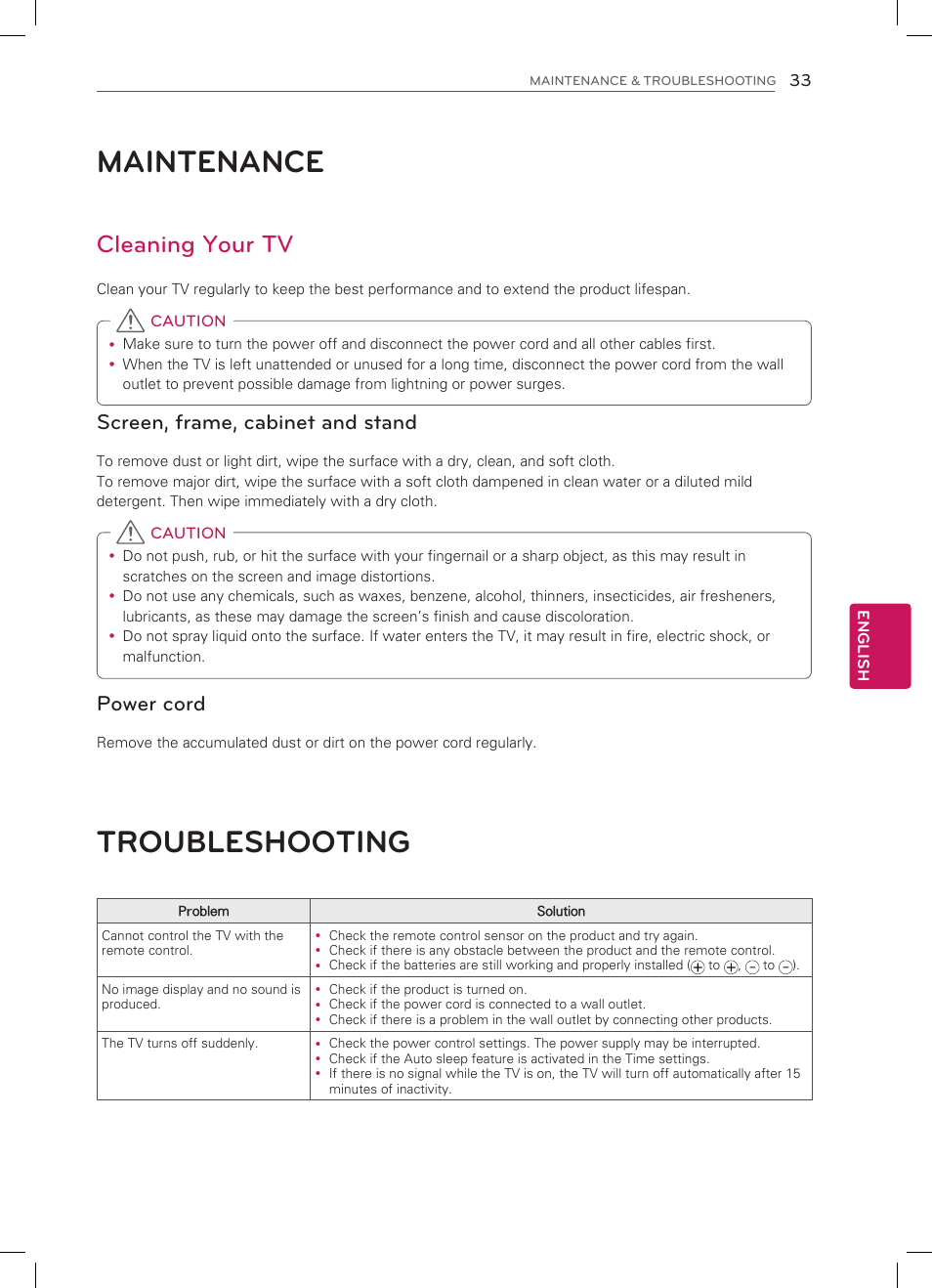 Maintenance, Troubleshooting, Cleaning your tv | Screen, frame, cabinet and stand, Power cord | LG 47LM5800 User Manual | Page 33 / 36