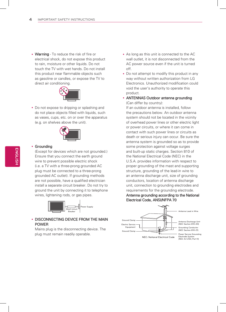 Short-circuit breaker power supply, English 4 | LG 47LM5800 User Manual | Page 4 / 36
