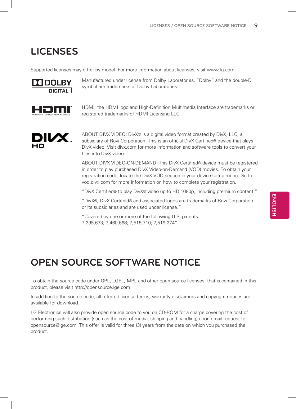Licenses, Open source software notice | LG 47LM5800 User Manual | Page 9 / 36