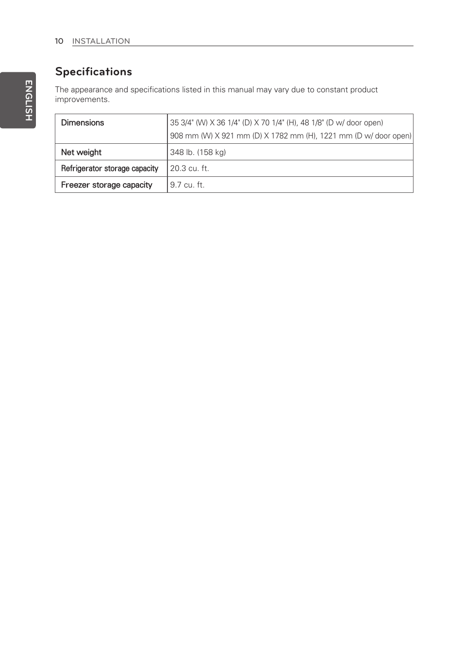 Specifications | LG LMX30995ST User Manual | Page 10 / 63
