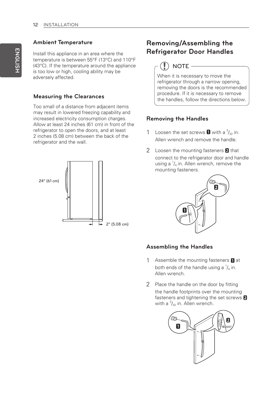 Removing/assembling the refrigerator door handles, Ambient temperature, Measuring the clearances | Removing the handles 1, Assembling the handles 1 | LG LMX30995ST User Manual | Page 12 / 63