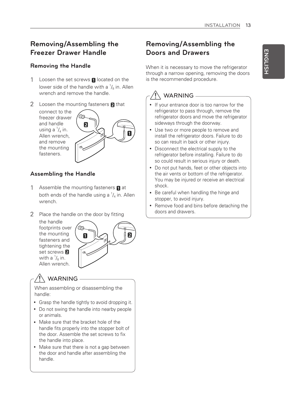 Removing/assembling the doors and drawers, Removing/assembling the freezer drawer handle, Warning | Removing the handle 1, Assembling the handle 1 | LG LMX30995ST User Manual | Page 13 / 63