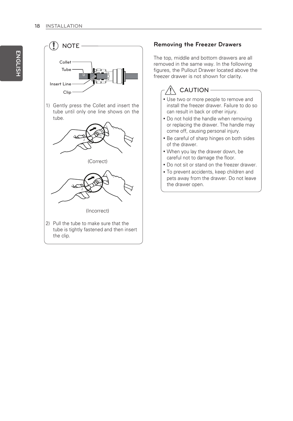 Caution, Removing the freezer drawers | LG LMX30995ST User Manual | Page 18 / 63