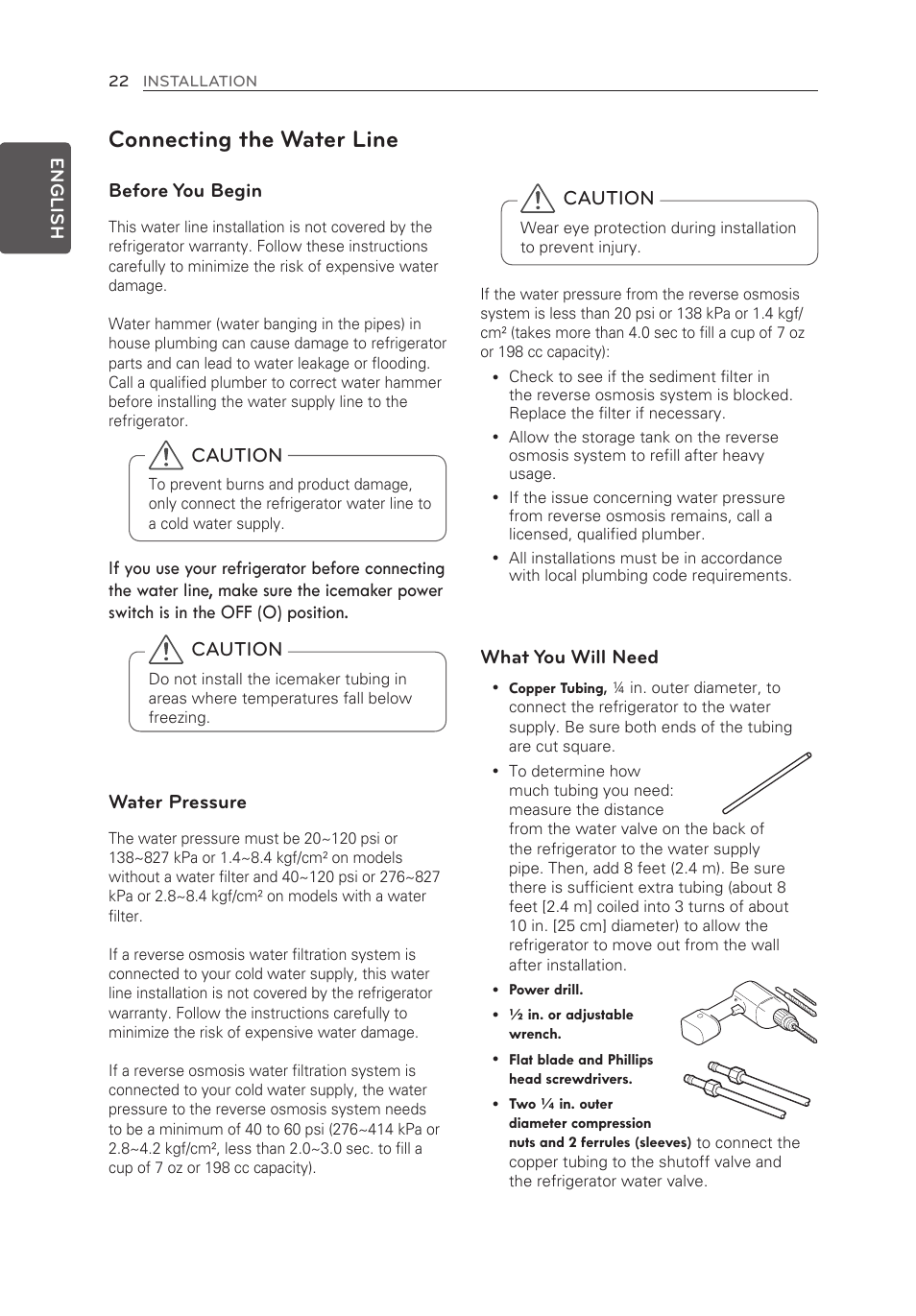 Connecting the water line, Caution, Before you begin | What you will need | LG LMX30995ST User Manual | Page 22 / 63