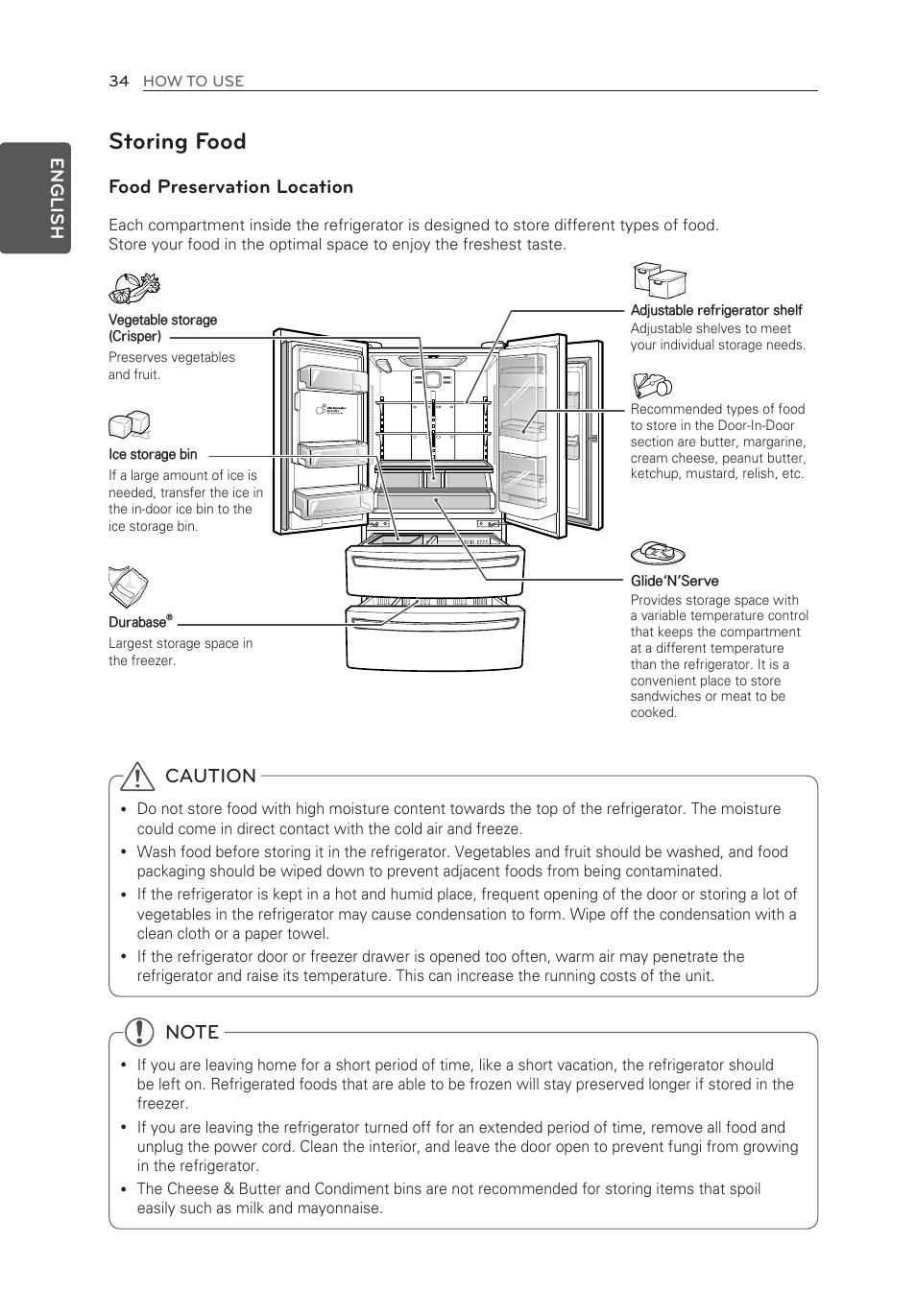 Storing food, Food preservation location, Caution | English | LG LMX30995ST User Manual | Page 34 / 63