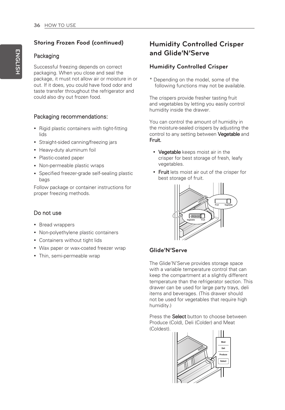 Humidity controlled crisper and glide’n’serve, Humidity controlled crisper, Glide’n’serve | Storing frozen food (continued), English | LG LMX30995ST User Manual | Page 36 / 63