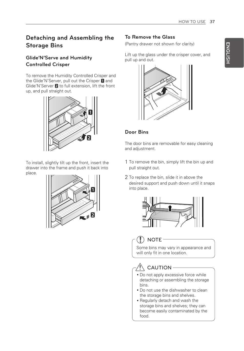 Detaching and assembling the storage bins, Glide’n’serve and humidity controlled crisper, Door bins | Caution | LG LMX30995ST User Manual | Page 37 / 63