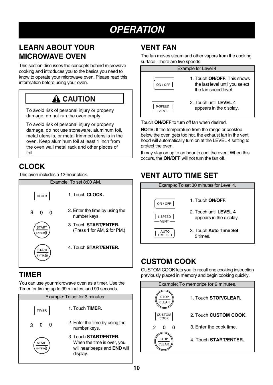 Operation, Learn about your microwave oven, Clock | Vent fan, Timer, Custom cook, Vent auto time set | LG LMV2053SW User Manual | Page 10 / 35