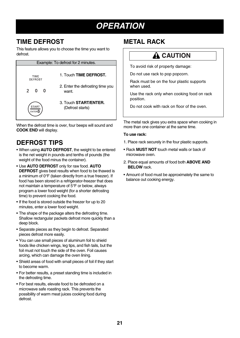 Operation, Time defrost metal rack, Defrost tips | LG LMV2053SW User Manual | Page 21 / 35