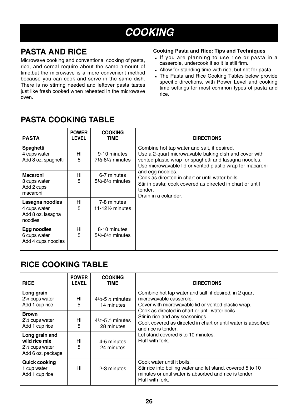 Cooking, Pasta and rice, Pasta cooking table | Rice cooking table | LG LMV2053SW User Manual | Page 26 / 35