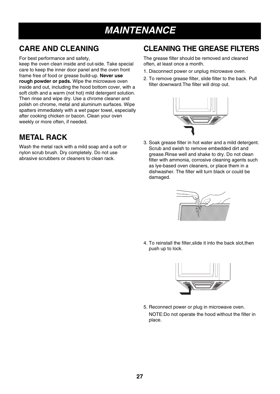 Maintenance, Care and cleaning, Metal rack | Cleaning the grease filters | LG LMV2053SW User Manual | Page 27 / 35