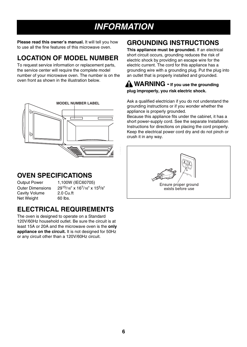 Information, Location of model number, Oven specifications | Electrical requirements, Grounding instructions, Warning | LG LMV2053SW User Manual | Page 6 / 35