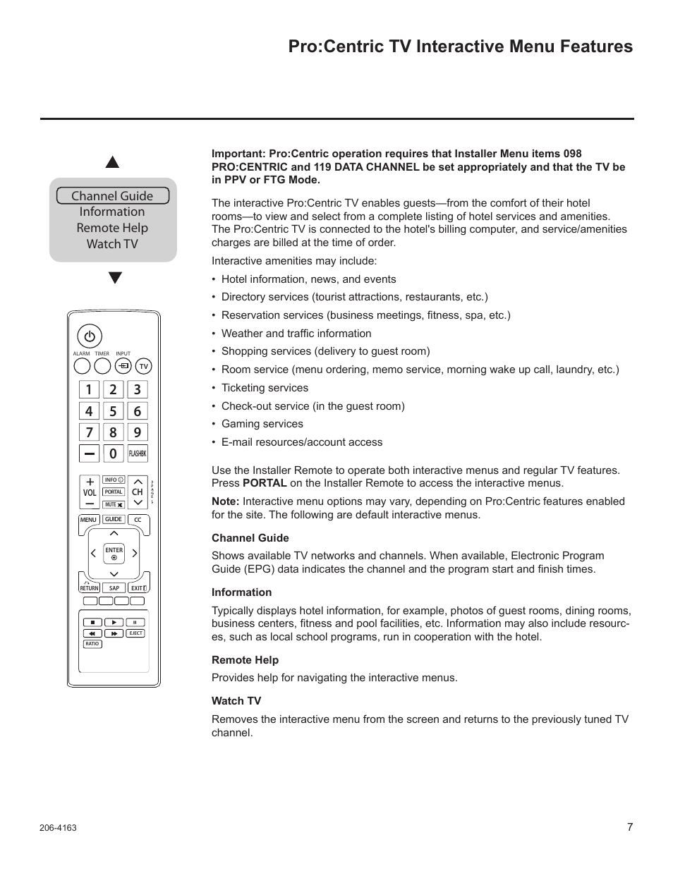 Pro:centric tv interactive menu features, Channel guide information remote help watch tv | LG 32LD340H User Manual | Page 124 / 317