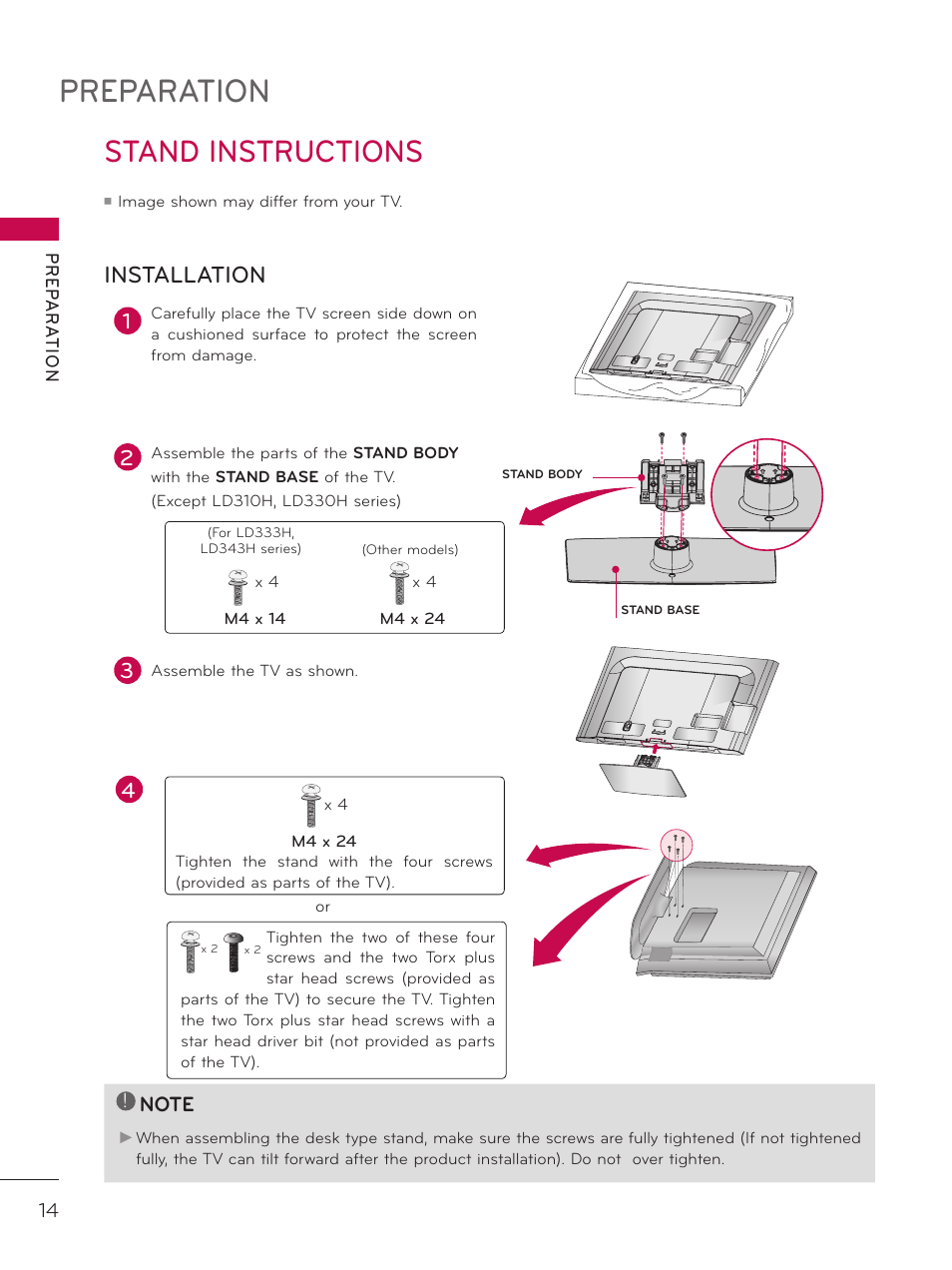 Stand instructions, Preparation, Installation | LG 32LD340H User Manual | Page 14 / 317