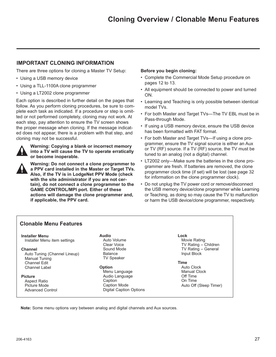 Cloning overview / clonable menu features | LG 32LD340H User Manual | Page 144 / 317