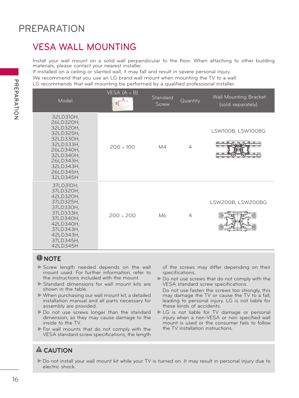 Vesa wall mounting, Preparation, Caution | LG 32LD340H User Manual | Page 16 / 317