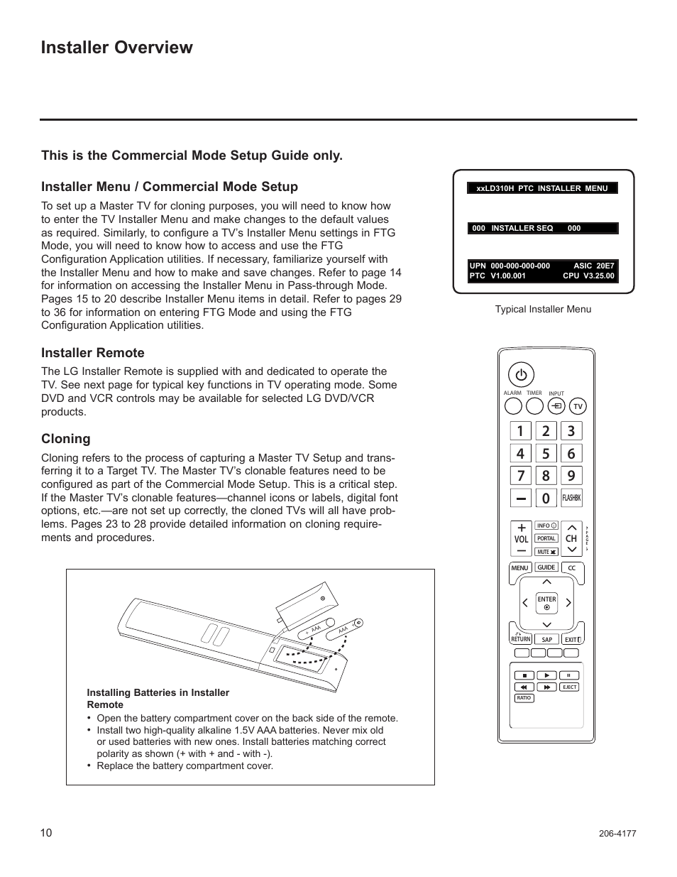 Installer overview, Installer remote, Cloning | LG 32LD340H User Manual | Page 174 / 317