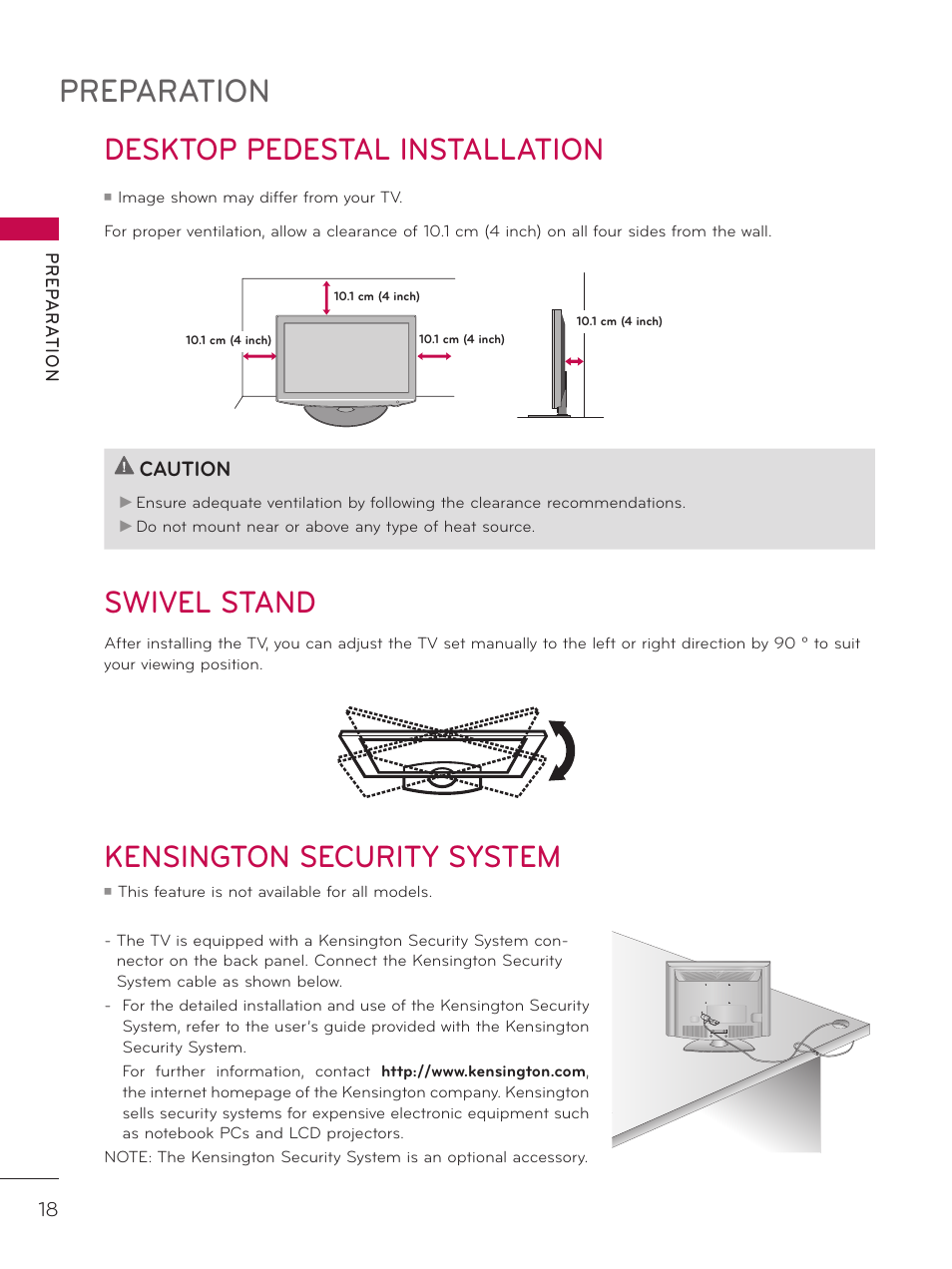 Desktop pedestal installation, Swivel stand, Kensington security system | Preparation, Desktop pedestal installation swivel stand, Caution | LG 32LD340H User Manual | Page 18 / 317