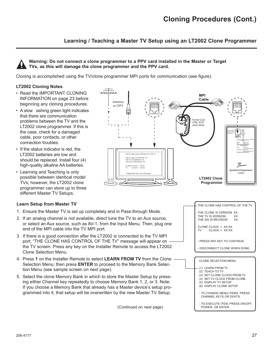 Cloning procedures (cont.) | LG 32LD340H User Manual | Page 191 / 317