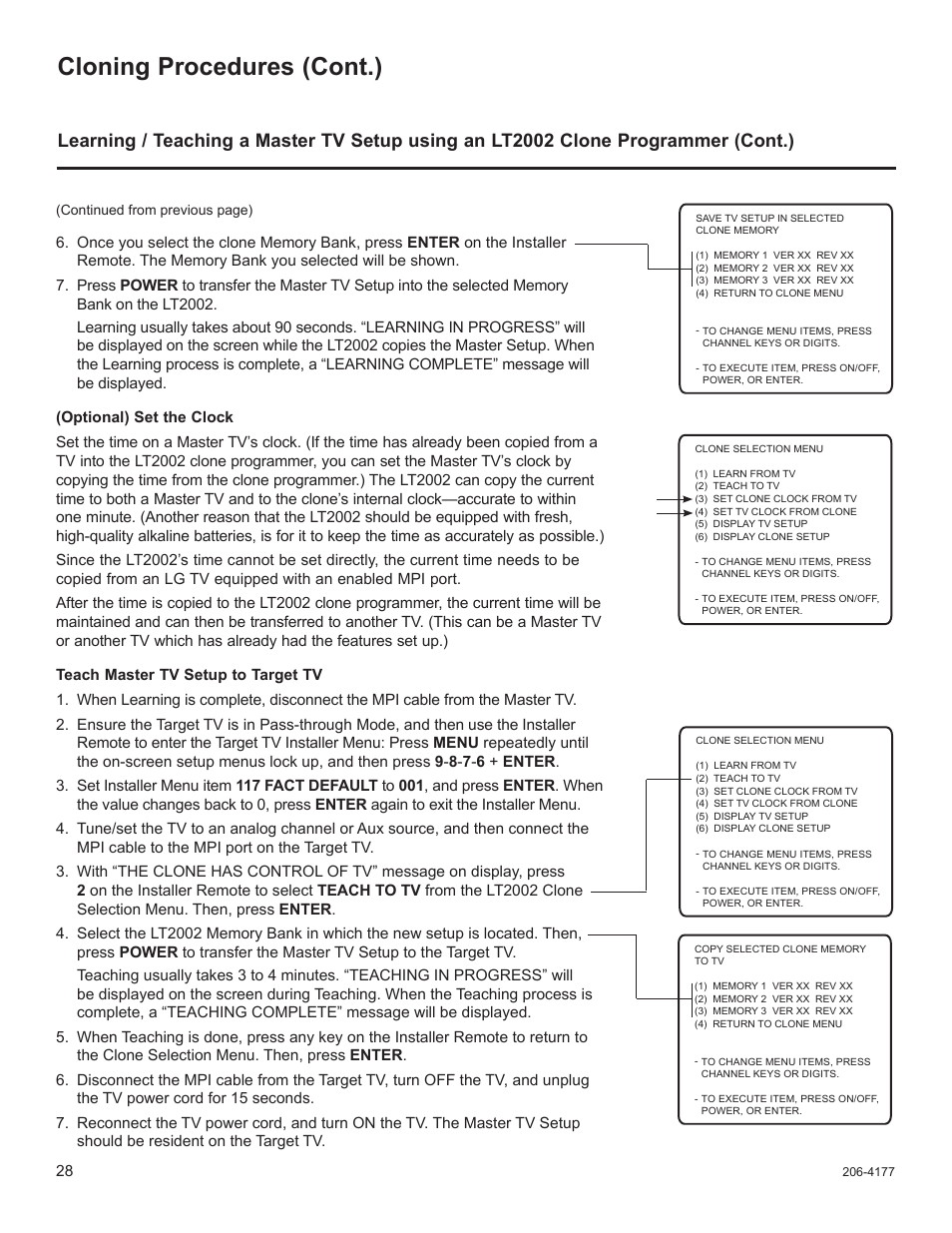 Cloning procedures (cont.) | LG 32LD340H User Manual | Page 192 / 317
