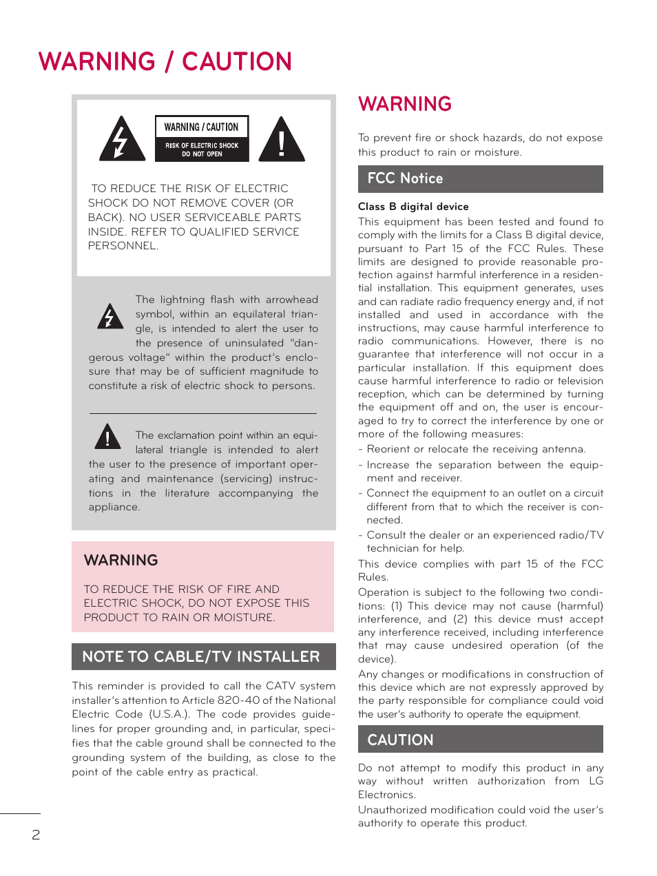 Warning / caution, Warning, Fcc notice | Caution | LG 32LD340H User Manual | Page 2 / 317