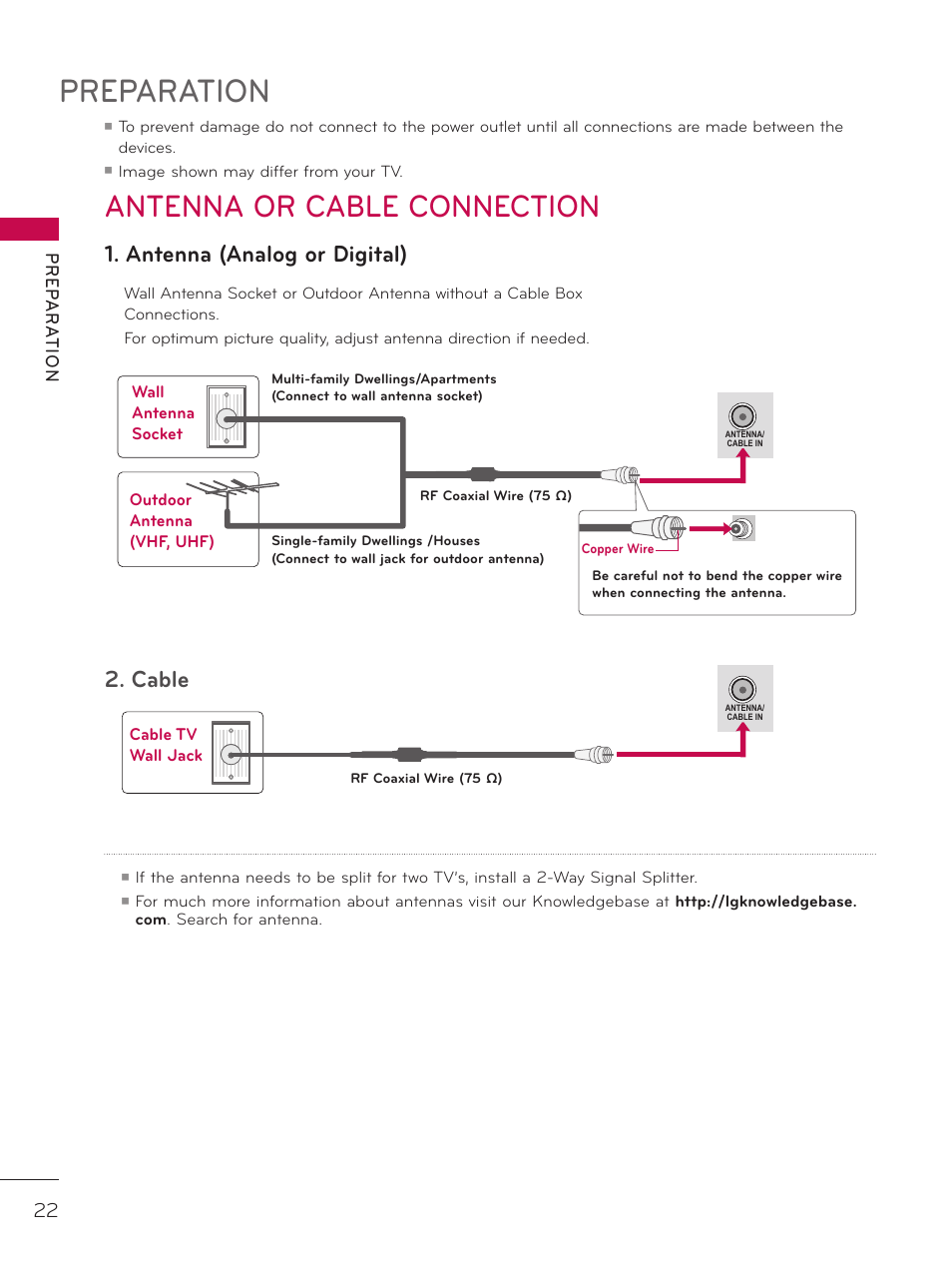 Antenna or cable connection, Preparation, Antenna (analog or digital) | Cable, Pr ep a r at io n, Image shown may differ from your tv | LG 32LD340H User Manual | Page 22 / 317