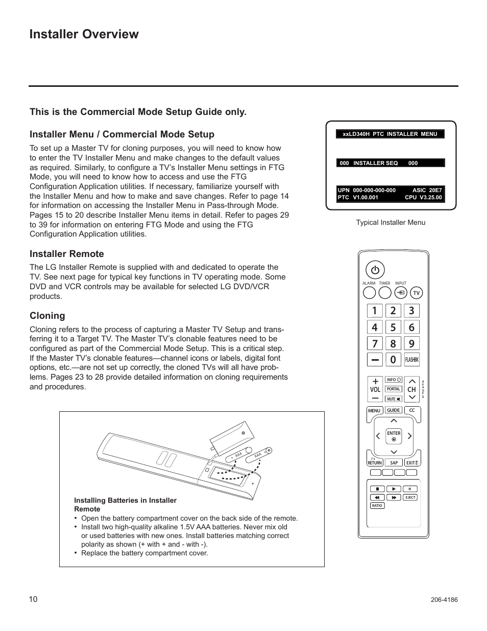 Installer overview, Installer remote, Cloning | LG 32LD340H User Manual | Page 222 / 317